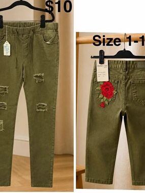 Monkey ride Women’s Green Distressed Rose Embroidered Skinny Slim 5-Pocket